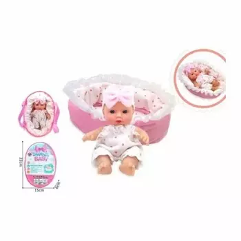 Пупс (20см) в белом комбинезоне с аксессуарами (переноска)