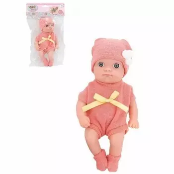 Пупс (22см) в коралловом комбинезоне с бантиком в пакете коралловые носочки и шапочка с помпонами