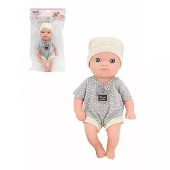 Пупс (22см) в сером комбинезоне Hand made в пакете бежевая шапочка