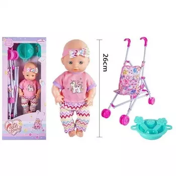 Пупс (25см) в костюме с аксессуарами (4 предмета) в коробке коляска прогулочная,тарелка,вилка,ложка