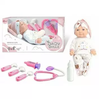 Пупс(27см) в пудровом колпаке с аксессуарами (6 предметов) в коробке:бутылочка,шприц,стетоскоп,молоточек(3)