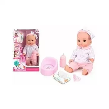 Пупс(29см) на батарейках(12 звуков) с аксессуарами в коробке соска,бутылочка,горшок,салфетки;кофта в горошек