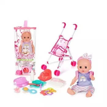 Пупс (29см) с аксессуарами (коляска,рожок,погремушки,тарелка ,ложка,вилка,подгузник,горшок,соска,нагрудник) в сумке