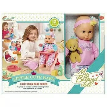 Пупс(35см),12 звуков,с креслом и аксессуарами(9 предметов) нагрудник,куб,бутылочка,тарелка,ложка,вилка,косметика,мишка