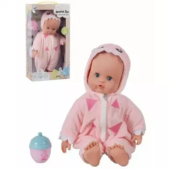 Пупс (40см) на батарейках(звук) Animal set Дино розовый в ко робке;мягкое тело;бутылочка