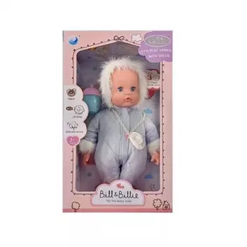 Пупс (40см) на батарейках(звук)в сером комбинезоне в коробке мягкое тело;бутылочка,пустышка;мама,папа,смех,плач