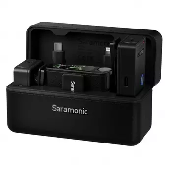 Радиосистема Ultra 03 (TX+TX+RX) 2,4Гц приемник + 2 передатчика в кейсе с подзарядкой + 2 петличных микрофона, 3,5мм/USB-C/Lightning, цвет черный