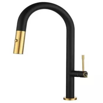 Rivelato Смеситель для кухни Asti U-обр. с выдвижной лейкой D-35мм, монтаж: вертикально на раковину, материал: нержавеющая сталь, цвет: черный золото