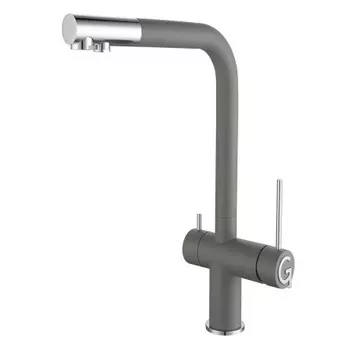 Rivelato Смеситель для кухни Lugano Г-обр. с краном питьевой воды D-35мм, монтаж: вертикально на раковину, материал: нержавеющая сталь, цвет: серый хром