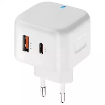 Сетевое зарядное устройство PERO TC10 USB-C + USB-A c кабелем C to C в комплекте, 20W, белый