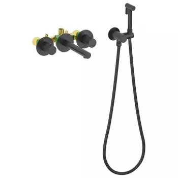 Смеситель для раковины встроенный с термостатом, с гигиеническим душем Timo Saona черный (2383/03SM)