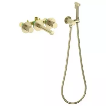 Смеситель для раковины встроенный с термостатом, с гигиеническим душем Timo Saona золото матовое (2383/17SM)