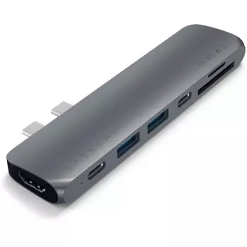USB-хаб Satechi Aluminum Pro Hub для Macbook Pro (USB-C). Порты: HDMI, Thunderbolt 3, USB Type-C, SD, microSD, 2 x USB 3.0. Цвет серый космос.