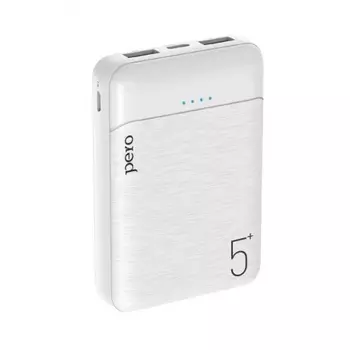 Внешний аккумулятор PERO PB01 5000 mAh, Li-Pol, output 2xUSB-A 2.1A, белый