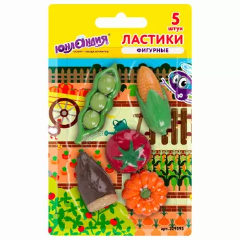 229595, (цена за 10 шт.) Набор ластиков фигурных ЮНЛАНДИЯ "Огород", 5 шт., ассорти, 229595