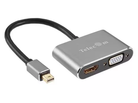Адаптер Telecom Mini DisplayPort (M) -> HDMI (F) + VGA (F), 4K@30Hz, 0.2m, Alum Grey, (TA6080)