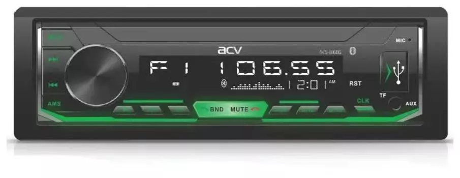 Автомагнитола ACV AVS-816BG 1din/зеленая/Bluetooth/USB/AUX/SD/FM/4*50