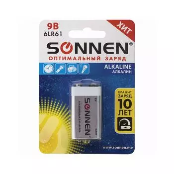 Батарейка SONNEN Alkaline, Крона (6LR61, 6LF22, 1604A), 1шт., в блистере, 451092