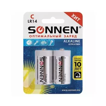 Батарейка SONNEN Alkaline, С (LR14, 14А), алкалиновые, 2шт., в блистере, 451090