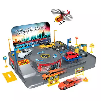 Игровой набор Welly Гараж, включает 3 машины и вертолет 96010