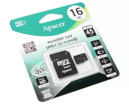 Карта памяти Apacer 16Gb microSDHC Class 10 UHS-I U1 (R45 MB/s) + SD adapter AP16GMCSH10U1-R
