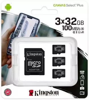 Карта памяти Kingston MicroSDHC 32Gb Class10 Canvas Select SDCS2/32GB-3P1A + adapter