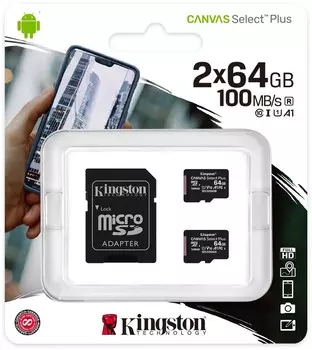 Карта памяти Kingston MicroSDHC 64Gb Class10 Canvas Select SDCS2/64GB-2P1A + adapter