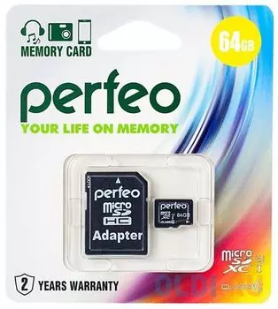 Карта памяти Perfeo microSDXC Class 10 UHS-I U1 + SD adapter (PF64GMCSX10U1A)