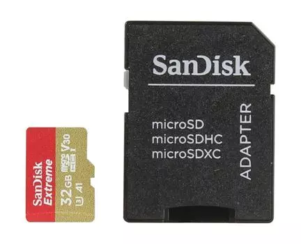 Карта памяти SanDisk Extreme microSDHC 32GB + SD Adapter for Action Sports Cameras - works with GoPro Messaging - 100MB/s A1 C10 V30 UHS-I U3