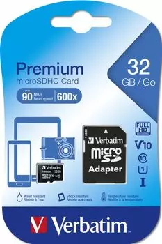 Карта памяти Verbatim MicroSDHC 32Gb Class 10 (44083) + adapter