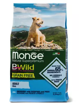 Корм сухой Monge Dog BWild GRAIN FREE Mini беззерновой из анчоуса с картофелем для взрослых собак мелких пород 2,5кг