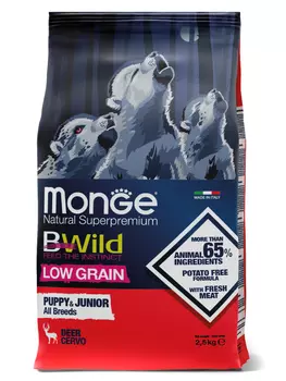 Корм сухой Monge Dog BWild LOW GRAIN Puppy &amp; junior низкозерновой из мяса оленя для щенков всех пород 2,5 кг