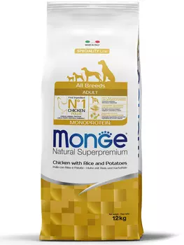 Корм сухой Monge Dog Monoprotein для собак всех пород курица с рисом и картофелем 12 кг