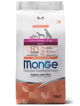 Корм сухой Monge Dog Monoprotein Extra Small для взрослых собак миниатюрных пород лосось с рисом 2,5 кг