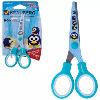 Ножницы BRAUBERG Kid Series, 130 мм, с цветной печатью Пингвины, голубые, 232271, (12 шт.)