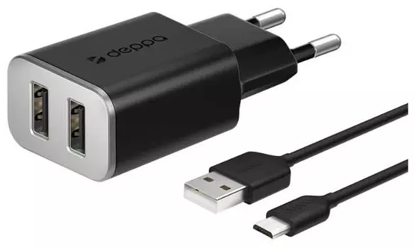 Сетевое зарядное устройство Deppa 2.4A+microUSB black