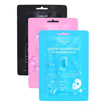 Nollam Lab, Набор корейских тканевых масок для лица: гиалуроновая, коллагеновая и угольная, 69 г