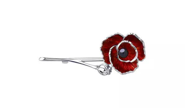Брошь серебряная Sokolov «Цветок-мак» с иск. жемчугом и эмалью