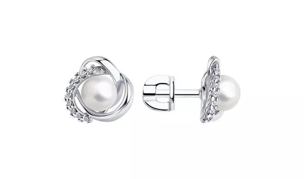 Серьги серебряные Diamant с иск. жемчугом и фианитами