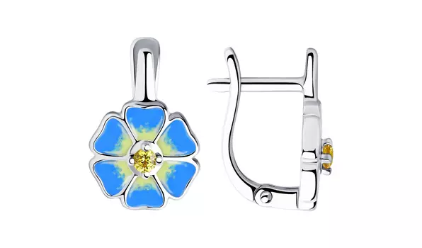 Серьги серебряные Sokolov «Цветы» с фианитами и эмалью