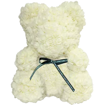 Мишка из роз с чёрным бантиком 25 см Белый