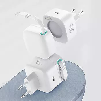 Сетевой адаптер Usams US-CC202 XMF PD35W GaN с телескопическим кабелем Type-C Белый CC202TC02