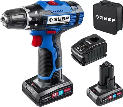 Аккумуляторная дрель-шуруповерт Зубр Профессионал 12В, 40Нм, 2 АКБ тип Т7 4Ач сумка DL-121-42