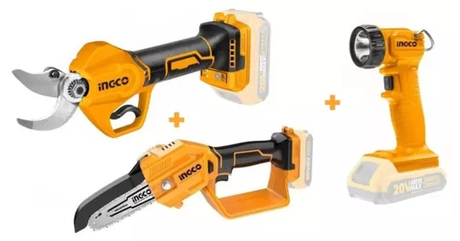 Аккумуляторный набор сучкорез+секатор+фонарь INGCO COSLI23065+CWLI2023 CSSLI20308+CGSLI20581+CWLI2023