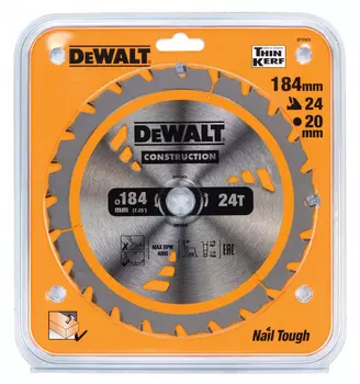 Диск пильный по дереву с гвоздями DeWalt 184*20 1,8 24 ATB +18° DT1951-QZ