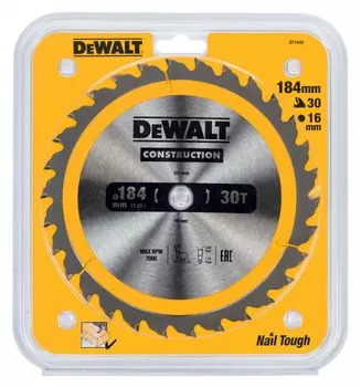 Диск пильный по дереву с гвоздями DeWalt Construction 184/16 30 ATB +10° DT1940-QZ