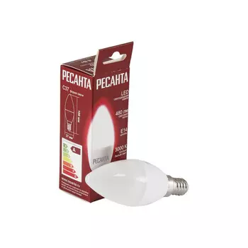Лампочка светодиодная Ресанта LL-R-C37-6W-230-3K-E14 свеча, 6Вт, тепл., Е14 76/1/3