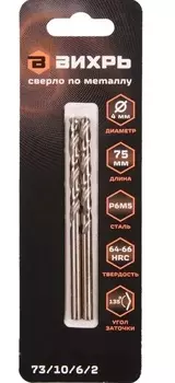 Сверло по металлу Вихрь Р6М5 4мм 2шт 73/10/6/2