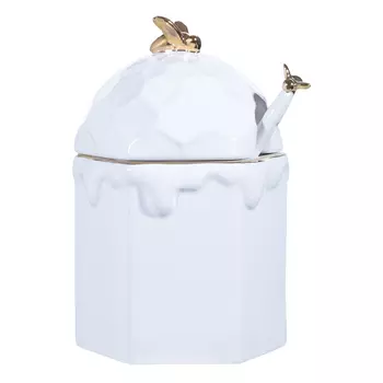 Банка для меда, 480 мл, с ложкой, керамика, белая/золотая, Пчела, Honey