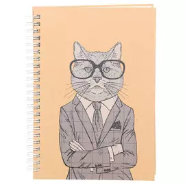 Блокнот для записей, 21х15 см, 80 л, на кольцах, картон, крафт, Кот, Cat